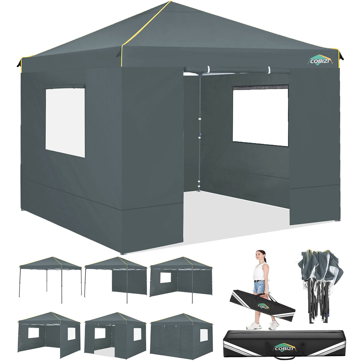 COBIZI 10'x10' Pop Up Outdoor Canopy with 4 Removable Sidewall and Mesh Windows HZC48