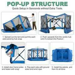 HOTEEL 12x12ft Pop Up Canopy Gazebo, Outdoor Canopy Tent Screen House with 6 sidewalls and Netting for Camping, Waterproof, UV Resistant, Ez Set-up Party Tent with Carrying Bag and Ground Stakes,Blue