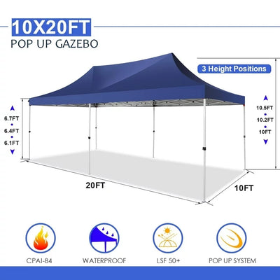 YUEBO 10'x20' Ez Pop Up Canopy Tent Commercial Instant Canopies with 6 Removable Side Walls Portable & Carrying Bag for Patio Picnic Carport Party Wedding, Blue Navy