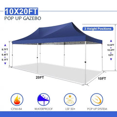 YUEBO 10'x20' Ez Pop Up Canopy Tent Commercial Instant Canopies with 6 Removable Side Walls Portable & Carrying Bag for Patio Picnic Carport Party Wedding, Blue Navy