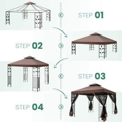 COBIZI 10' x 13' Pop Up Gazebo, Screened Patio Gazebo, Outdoor Steel Double Roof Canopy Tent, Metal Frame Canopy with Mosquito Netting, Sunshade for Garden, Lawns, Brown