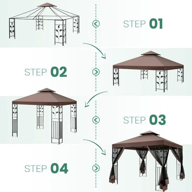 COBIZI 10' x 13' Pop Up Gazebo, Screened Patio Gazebo, Outdoor Steel Double Roof Canopy Tent, Metal Frame Canopy with Mosquito Netting, Sunshade for Garden, Lawns, Brown