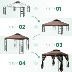 COBIZI 10' x 13' Pop Up Gazebo, Screened Patio Gazebo, Outdoor Steel Double Roof Canopy Tent, Metal Frame Canopy with Mosquito Netting, Sunshade for Garden, Lawns, Brown
