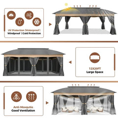 COBIZI Heavy Duty 12'x20' Metal Patio Gazebo Outdoor Gazebo Canopy Tent with 6 Mosquito Netting and Curtains Gazebos Shelter 100% Waterproof with Double Roof for Party, Backyard, Deck, Garden, Gray