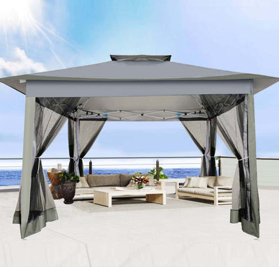 HOTEEL 12x12 Outdoor Pop-up Gazebo Canopy with Mosquito Netting 2-Tiered Vented Top 3 Adjustable Height for Backyard, Garden, Lawn,Light Grey
