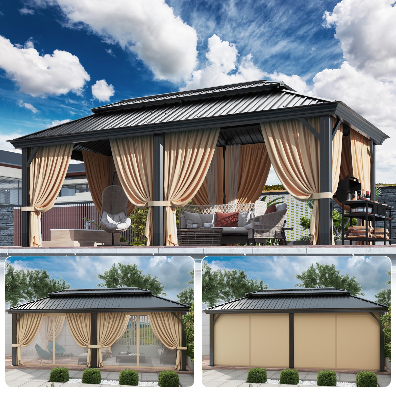 HOTEEL 12' x 20' Hardtop Heavy-Duty Gazebo with Galvanized Steel Double Roof, Hot Tub Gazebo with Fire-Resistant Curtains and Mesh Screen, Aluminum Frame Outdoor Canopy for Patios and Parties