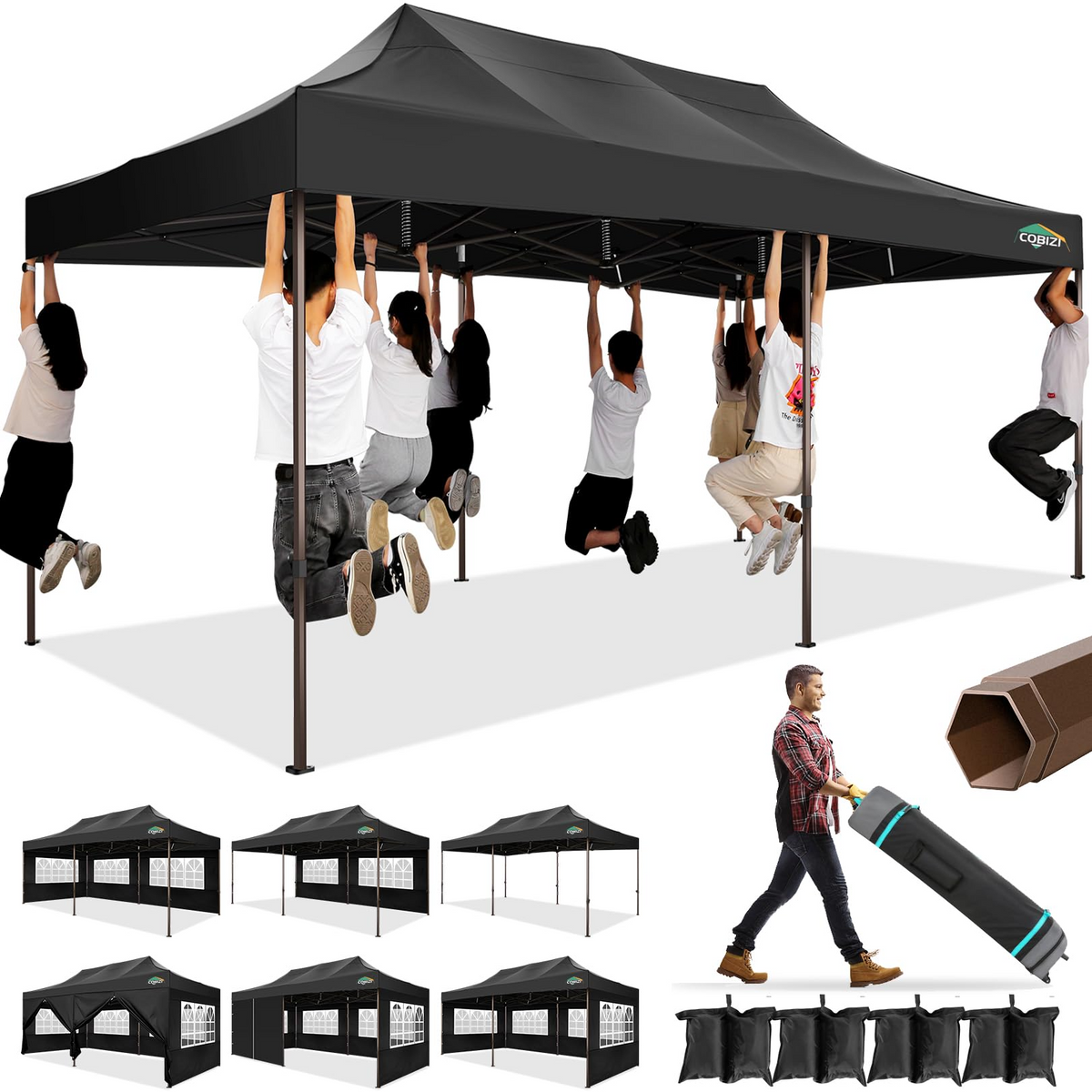 COBIZI 10x20 Pop Up Canopy Tent Heavy Duty with 6 Removable Sidewalls, Commercial Heavy Duty Pop Up Tent for Parties All Weather Waterproof and UV 50+ Wedding Tent with Roller Bag(Legs Upgraded)