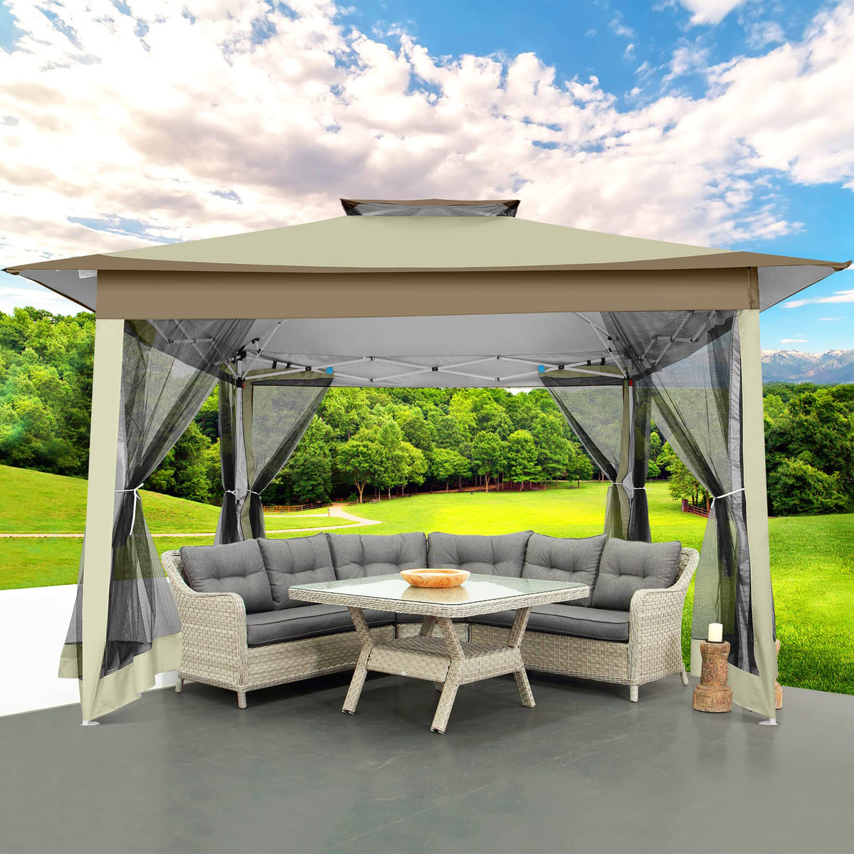 HOTEEL 12'x12' HOME Outdoor Pop-up Patio Gazebo with Expansion Bolts, Heavy Duty Party Tent & Shelter with Double Roofs, Mosquito Nettings and Privacy Screens for Backyard, Garden, Lawn, Khaki