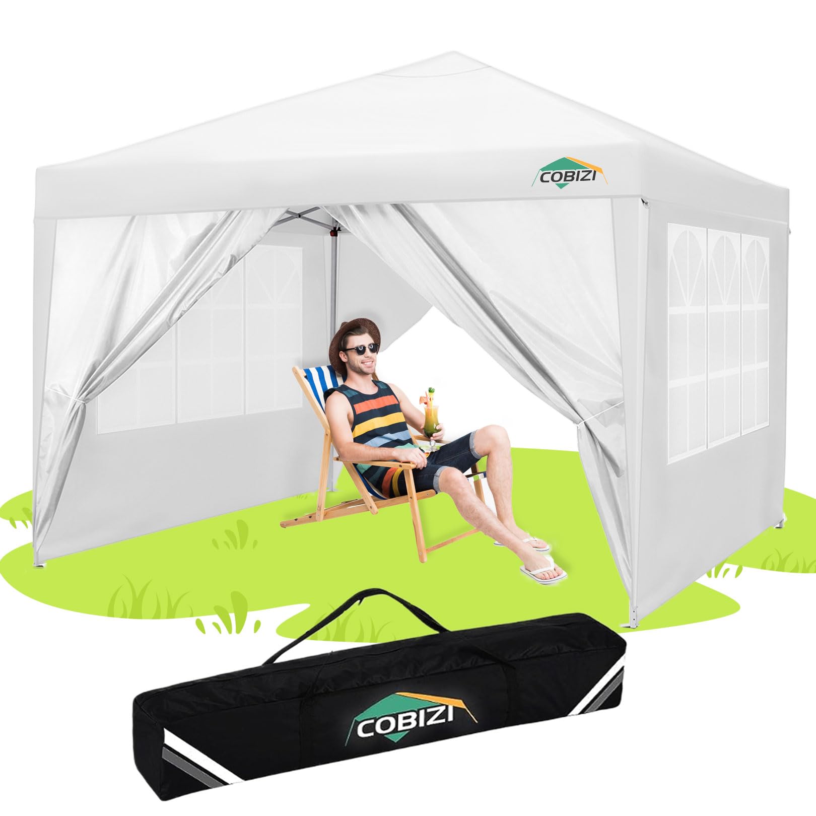 COBIZI 10x10ft Pop up Canopy Tent with 4 Sidewalls, Easy up Outdoor Waterproof Camping Tent,for Parties,Picnic, Blue