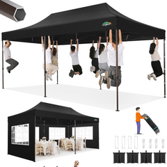 COBIZI 10'x20' Heavy Duty Canopy with Sidewalls, Ez Pop up Canopies, Folding Protable Party Tent, Outdoor Sun Shade Wedding Gazebos with Roller Bag,Black
