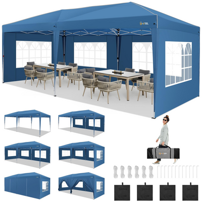 HOTEEL Pop Up Canopy Party Tent for Backyard,10x20 Canopy with 6 Removable Sidewalls & 4 Sandbags,Waterproof Easy Up Canopy Outdoor Tents for Parties,Weddings,Vendor Event,Patio,Blue(Top Reinforced)