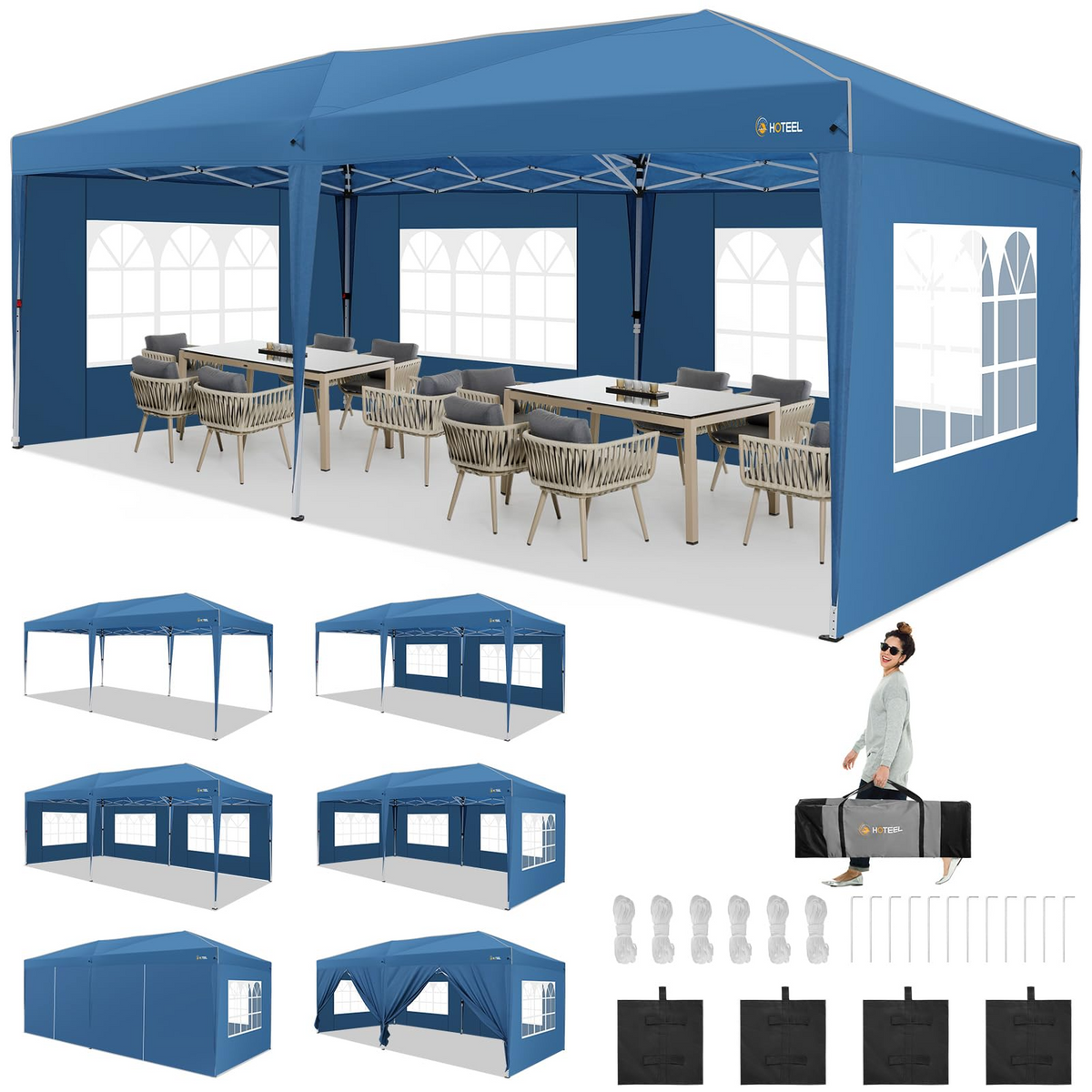 HOTEEL Pop Up Canopy Party Tent for Backyard,10x20 Canopy with 6 Removable Sidewalls & 4 Sandbags,Waterproof Easy Up Canopy Outdoor Tents for Parties,Weddings,Vendor Event,Patio,Blue(Top Reinforced)