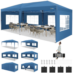 HOTEEL Pop Up Canopy Party Tent for Backyard,10x20 Canopy with 6 Removable Sidewalls & 4 Sandbags,Waterproof Easy Up Canopy Outdoor Tents for Parties,Weddings,Vendor Event,Patio,Blue(Top Reinforced)