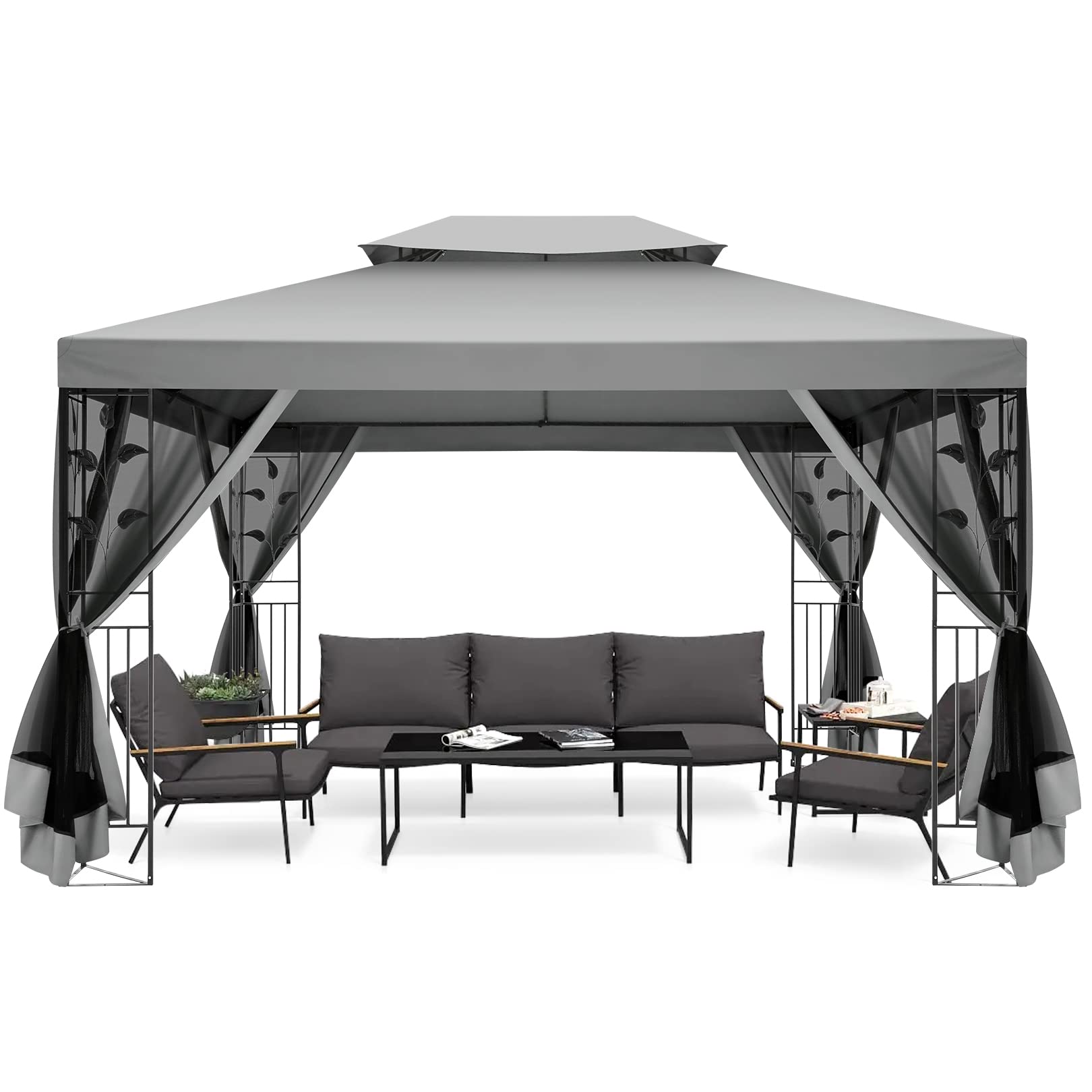 COBIZI 10' x 13' Pop Up Gazebo, Screened Patio Gazebo, Outdoor Steel Double Roof Canopy Tent, Metal Frame Canopy with Mosquito Netting, Sunshade for Garden, Lawns, Brown