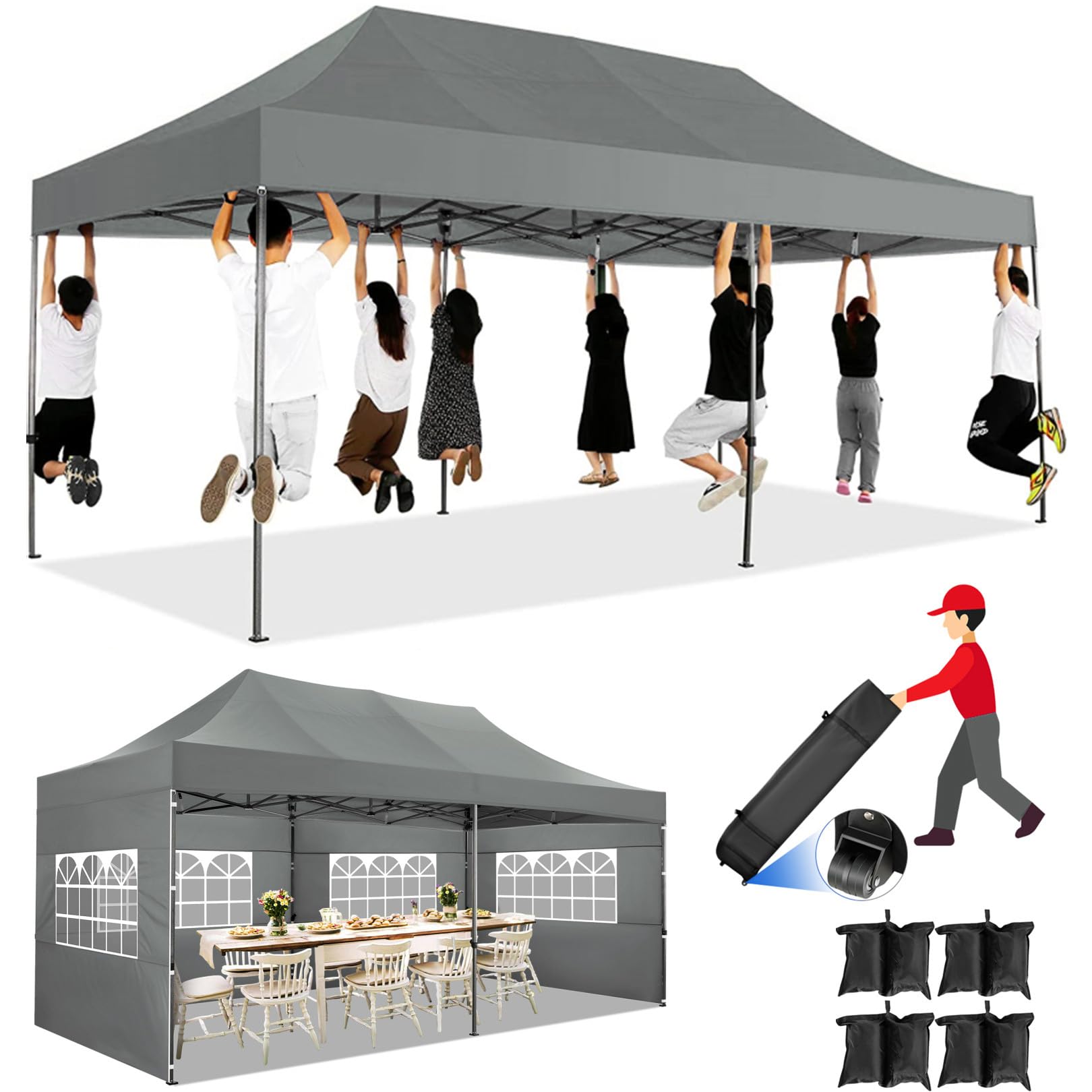 COBIZI 10x20 Pop up Canopy with 6 sidewalls Commercial Heavy Duty Canopy UPF 50+ All Weather Waterproof Outdoor Wedding Party Tents Gazebo with Roller Bag