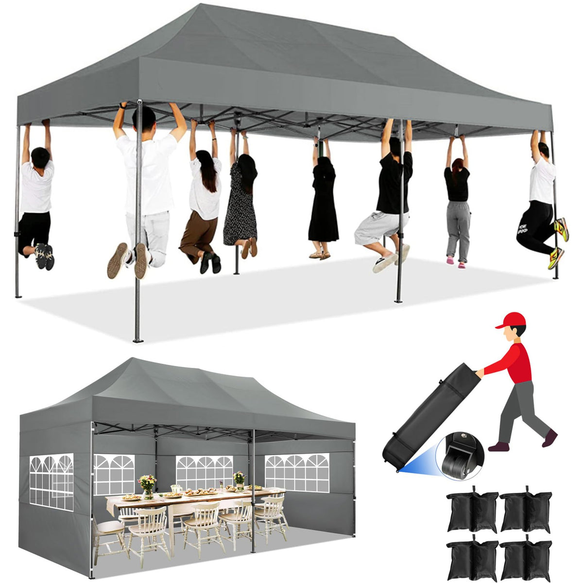 COBIZI 10x20 Pop up Canopy with 6 sidewalls Commercial Heavy Duty Canopy UPF 50+ All Weather Waterproof Outdoor Wedding Party Tents Gazebo with Roller Bag