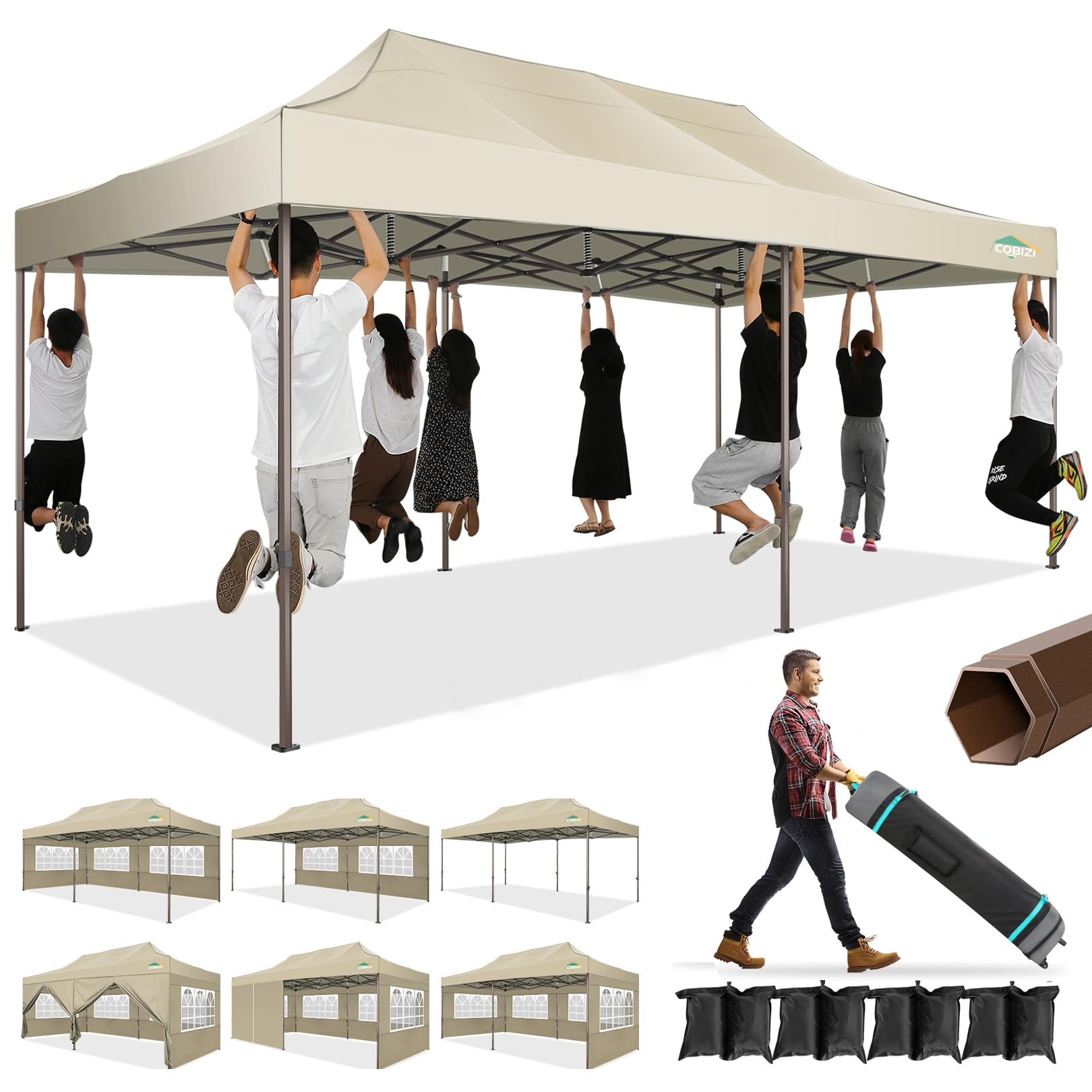 COBIZI 10x20 Pop Up Canopy Tent Heavy Duty with 6 Removable Sidewalls, Commercial Heavy Duty Pop Up Tent for Parties All Weather Waterproof and UV 50+ Wedding Tent with Roller Bag(Legs Upgraded)