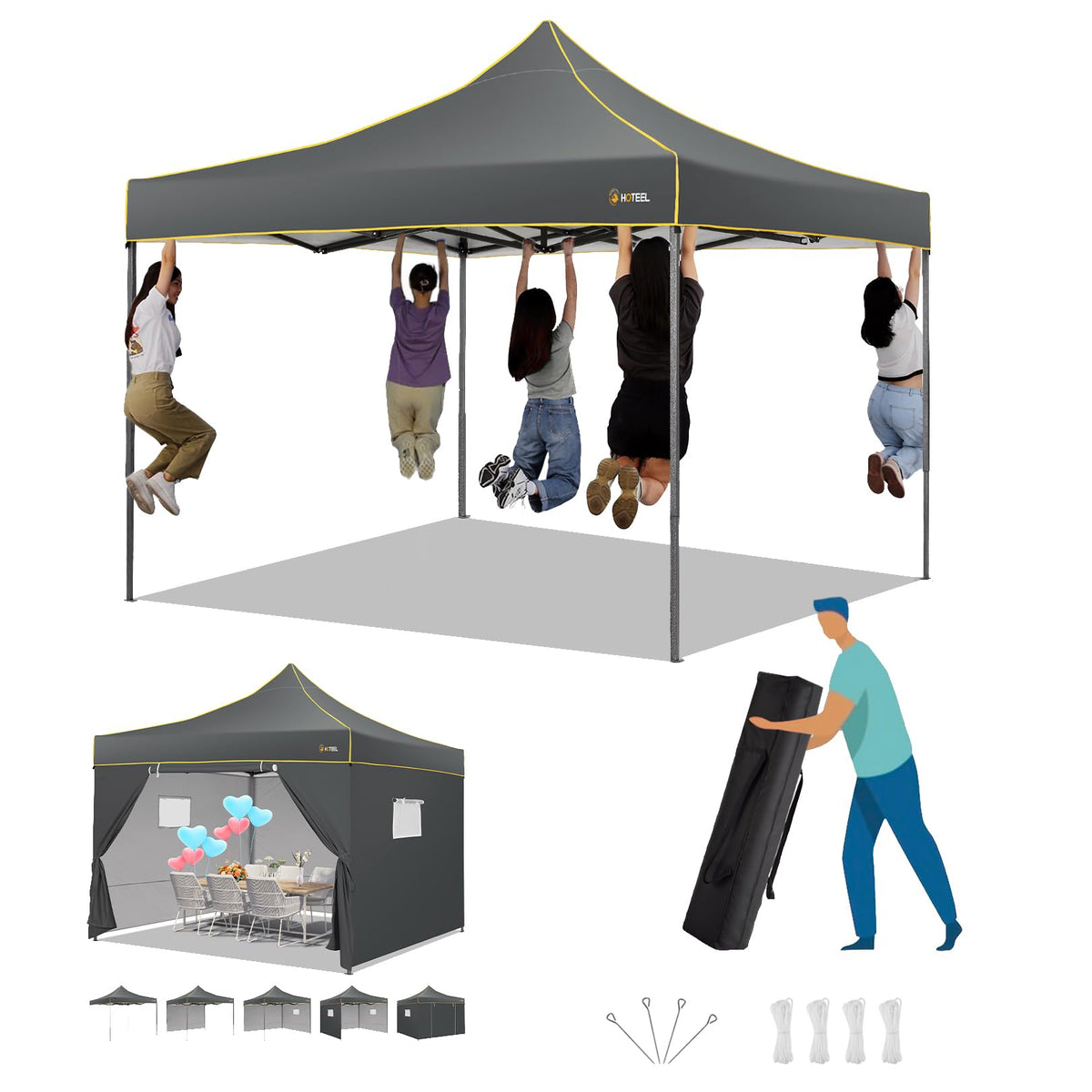 HOTEEL Canopy Tent, 10x10 Pop Up Canopy, Outdoor Tent with Mesh Window, Instant Tents for Party, Camping, Commercial, Waterproof Gazebo with 4 Removable Sidewalls, Carry Bag, Gray