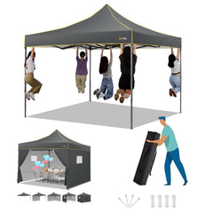 HOTEEL Canopy Tent, 10x10 Pop Up Canopy, Outdoor Tent with Mesh Window, Instant Tents for Party, Camping, Commercial, Waterproof Gazebo with 4 Removable Sidewalls, Carry Bag, Gray