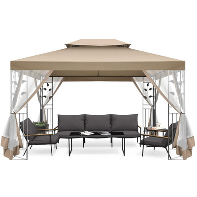 Hoteel 10x13 Outdoor Gazebo, Garden Tent for Patio Canopy with Leaf Screen Steel Frame and Mosquito Netting, Double Roof Canopy Tent for Deck, Backyard, Garden and Lawns