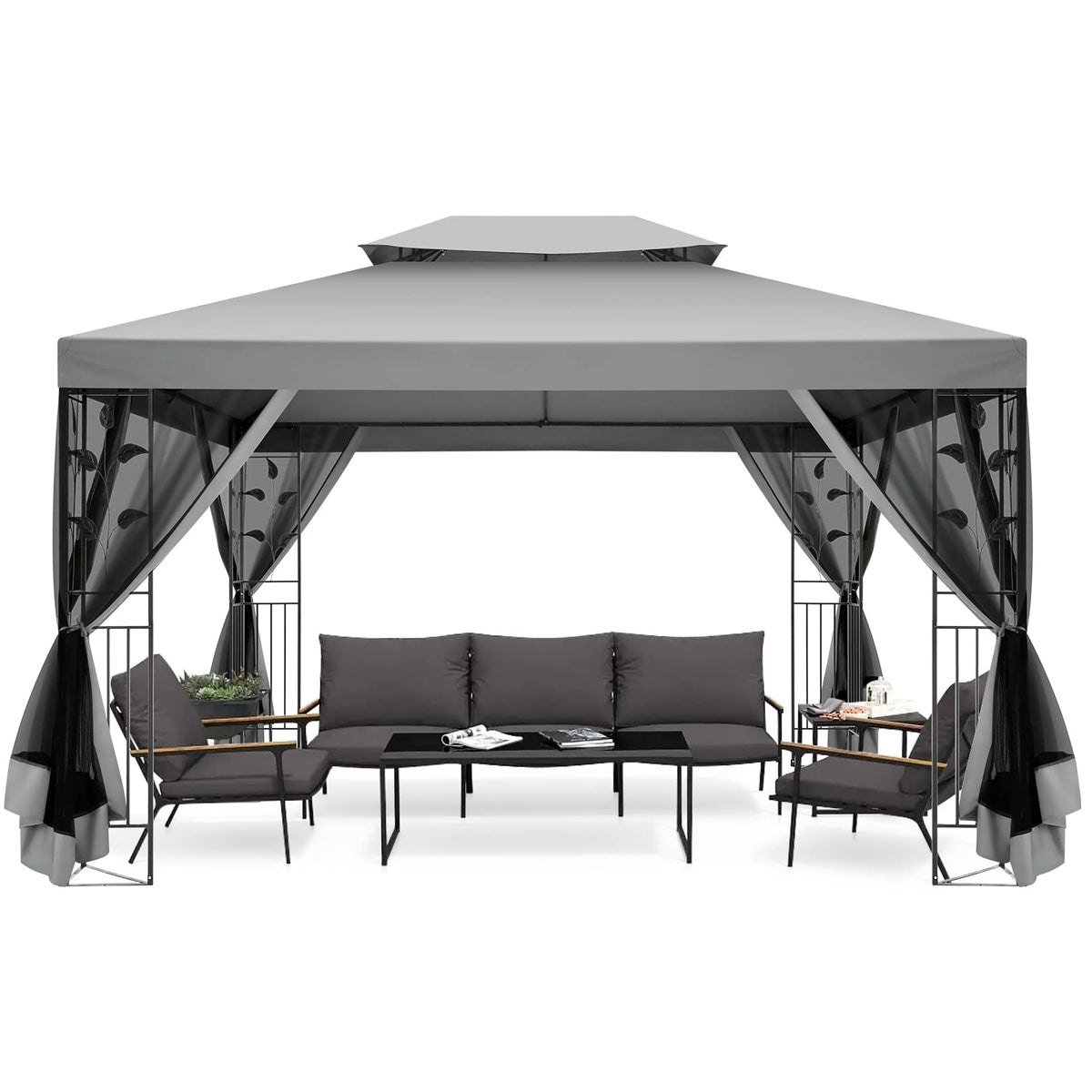 Hoteel 10x13 Outdoor Gazebo, Garden Tent for Patio Canopy with Leaf Screen Steel Frame and Mosquito Netting, Double Roof Canopy Tent for Deck, Backyard, Garden and Lawns