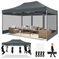 COBIZI 10‘x15’ Heavy Duty Canopy Tent, Pop up Gazebo with Netting Screened ,Waterproof Ez up Canopy with Sidewalls, Outdoor Instant Party Tent for Backyard,Gray