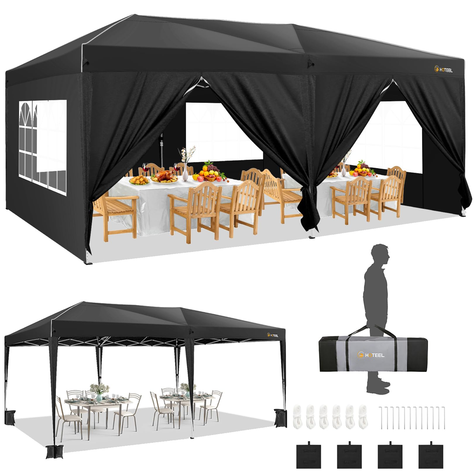 HOTEEL 10x20 Pop Up Canopy with Sidewalls, Easy Up Canopy Tent with Carry Bag, Outdoor Canopies with 4 Sandbags, Large Tents for Outdoor Events, Wedding, Backyard, Commercial, Black