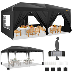 HOTEEL 10x20 Pop Up Canopy with Sidewalls, Easy Up Canopy Tent with Carry Bag, Outdoor Canopies with 4 Sandbags, Large Tents for Outdoor Events, Wedding, Backyard, Commercial, Black