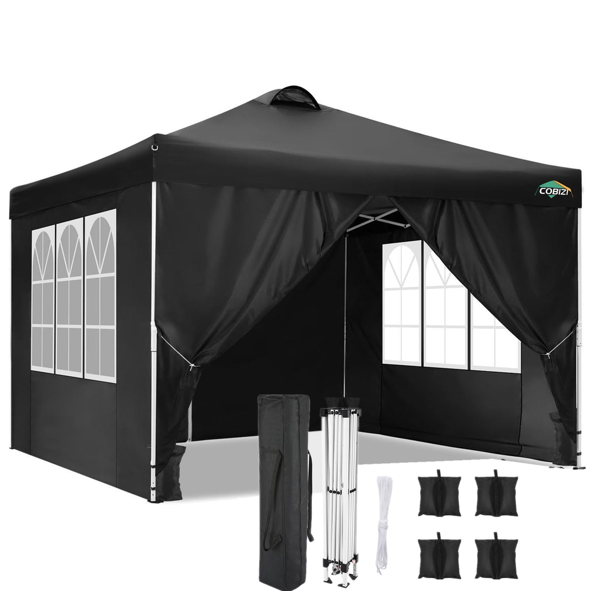 COBIZI Canopy 10x10 Waterproof Pop up Canopy Tent with 4 Sidewalls Outdoor Event Shelter Tent for Parties Sun Shade Party Commercial Canopy with Air Vent & Carry Bag, Black