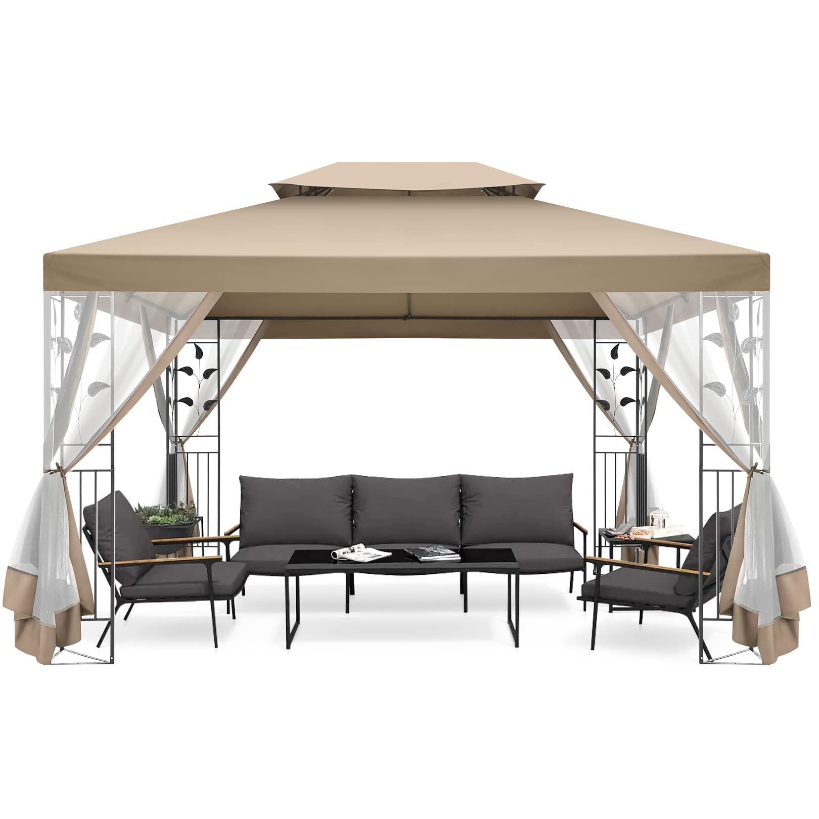 Hoteel 10x10 Gazebos for Patios, Canopy Tent Outdoor Gazebo Backyard Gazebo Patio with Mosquito Netting and Double Roof for Party, Wedding, BBQ and Event, Black