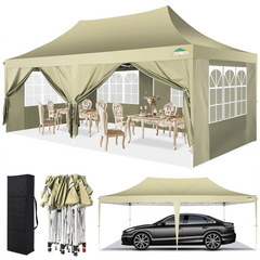 COBIZI 10x20 Canopy Tent with Sidewalls, 3 Adjustable Height Commercial Canopy, Pop Up Party Canopy with 12 Stakes & 6 Ropes,Khaki
