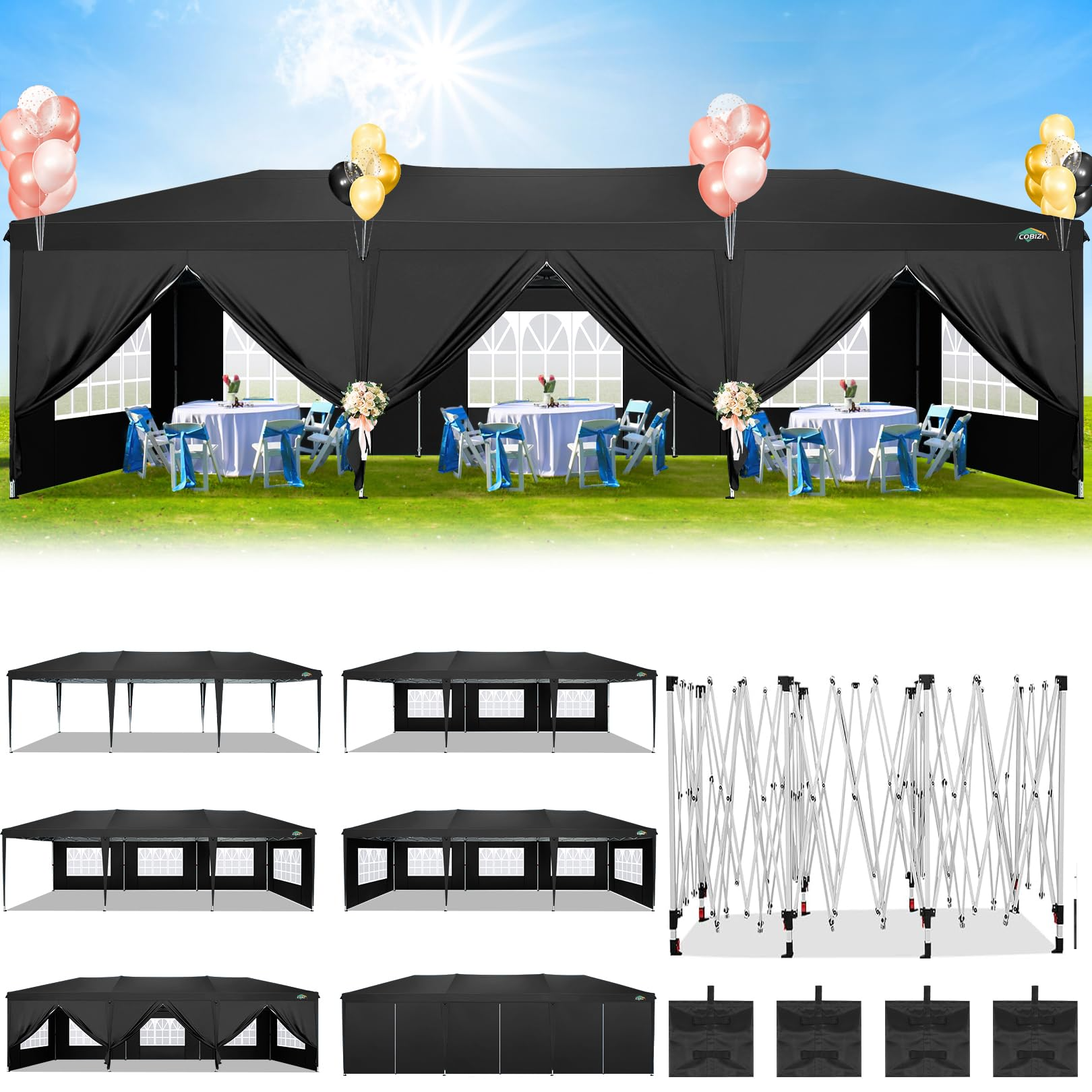COBIZI 13¡® x 26' Heavy Duty Pop up Canopy with 6 Sidewalls, 2 Height Adjustable Commercial Tent,100% Waterproof Party Wedding Tent,Outdoor Gazebo with Wheeled Bag
