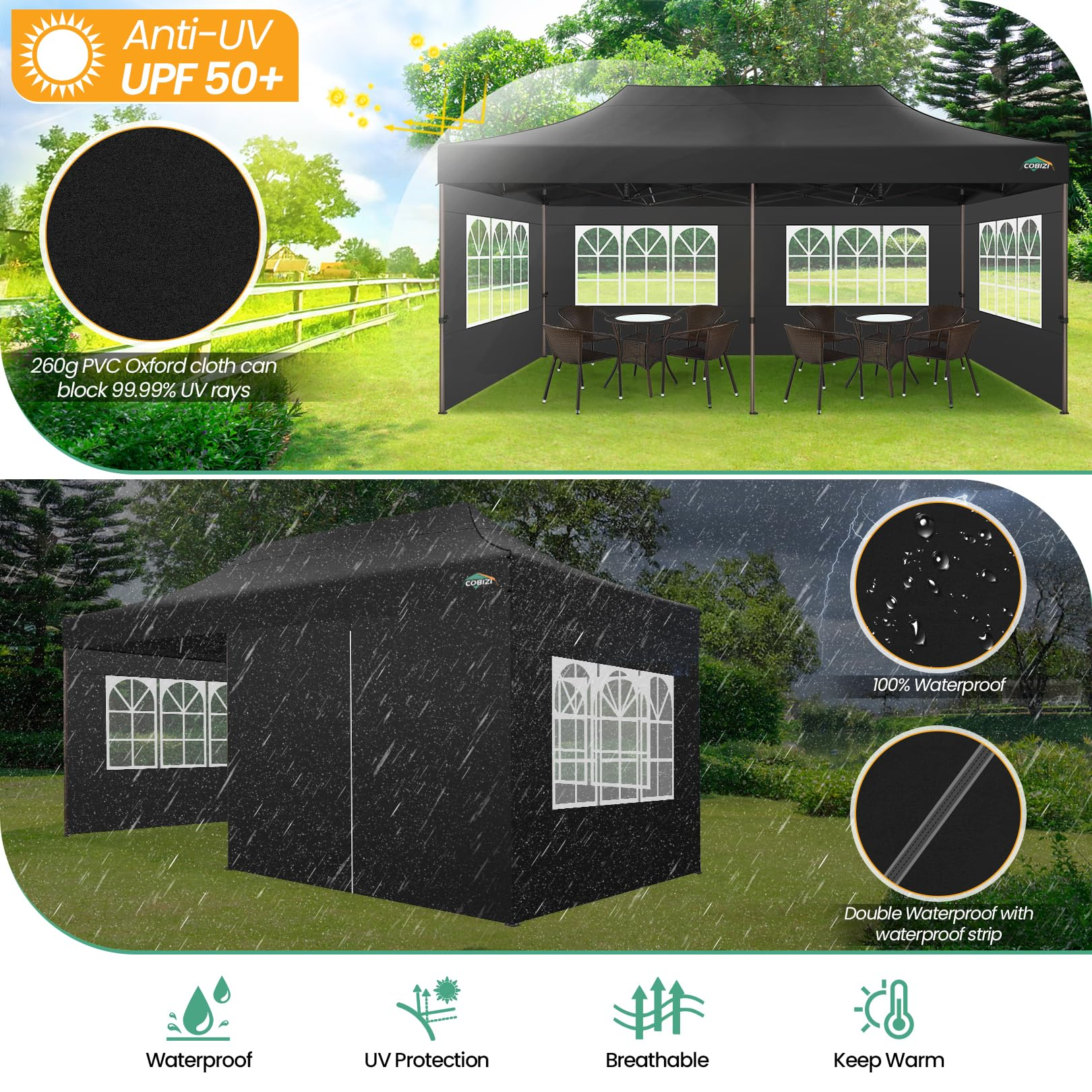 COBIZI 10x20 Pop Up Canopy Tent Heavy Duty with 6 Removable Sidewalls, Commercial Heavy Duty Pop Up Tent for Parties All Weather Waterproof and UV 50+ Wedding Tent with Roller Bag(Legs Upgraded)