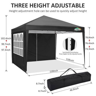 COBIZI 10'x10' Pop up & Protable Canopy Tent with 6 Sidewall & Carry Bag, Black SPC202