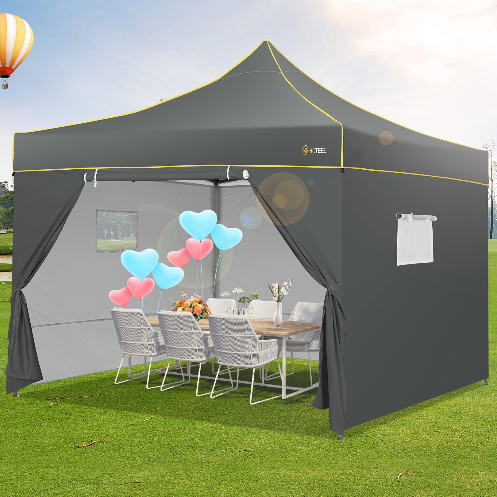 HOTEEL Canopy Tent, 10x10 Pop Up Canopy, Outdoor Tent with Mesh Window, Instant Tents for Party, Camping, Commercial, Waterproof Gazebo with 4 Removable Sidewalls, Carry Bag, Gray
