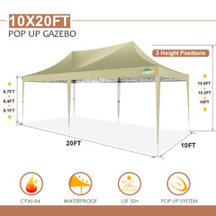 COBIZI 10x20 Canopy Tent with Sidewalls, 3 Adjustable Height Commercial Canopy, Pop Up Party Canopy with 12 Stakes & 6 Ropes,Khaki