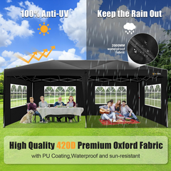 HOTEEL 10x20 Pop Up Canopy with Sidewalls, Easy Up Canopy Tent with Carry Bag, Outdoor Canopies with 4 Sandbags, Large Tents for Outdoor Events, Wedding, Backyard, Commercial, Black