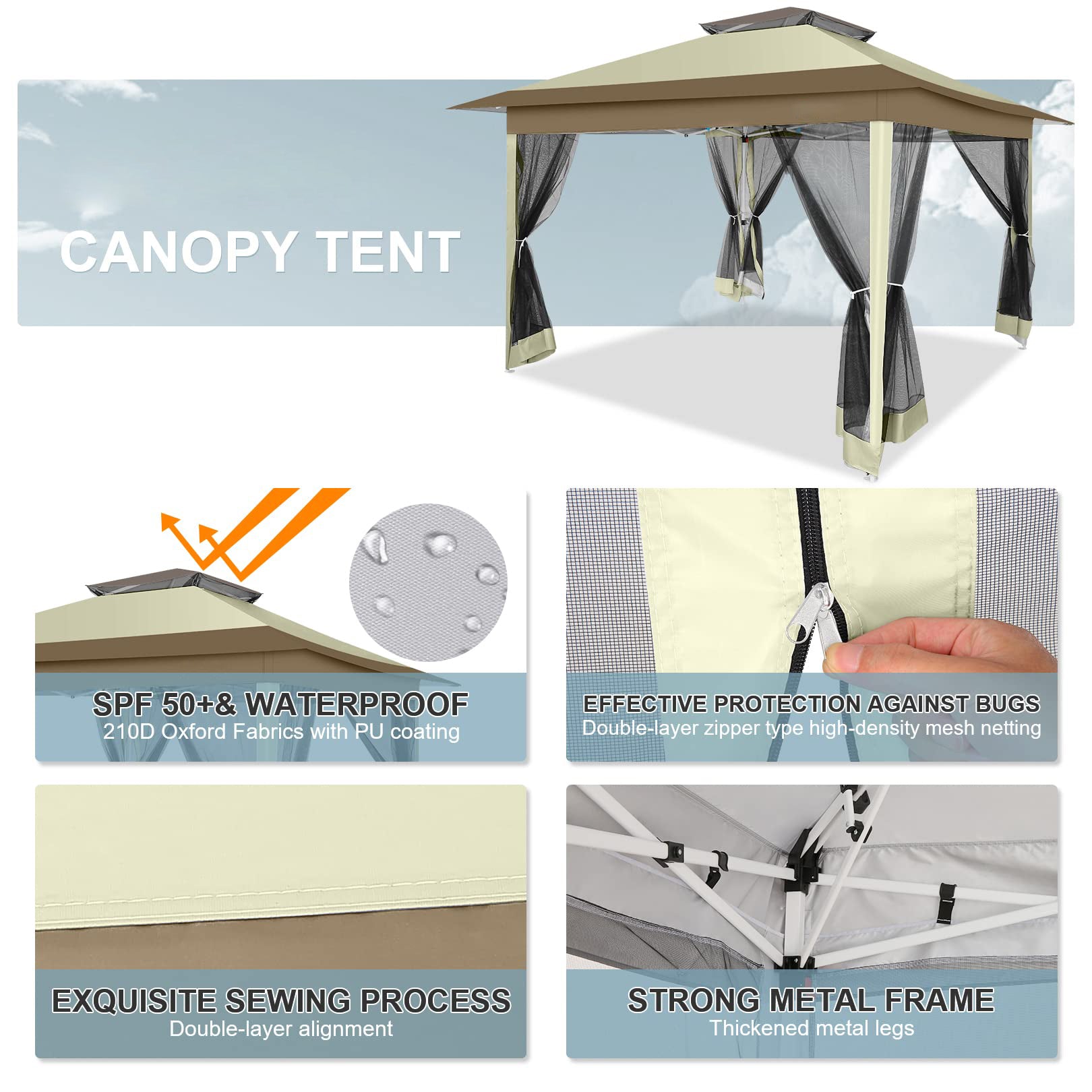 HOTEEL 12'x12' HOME Outdoor Pop-up Patio Gazebo with Expansion Bolts, Heavy Duty Party Tent & Shelter with Double Roofs, Mosquito Nettings and Privacy Screens for Backyard, Garden, Lawn, Khaki