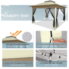 HOTEEL 12'x12' HOME Outdoor Pop-up Patio Gazebo with Expansion Bolts, Heavy Duty Party Tent & Shelter with Double Roofs, Mosquito Nettings and Privacy Screens for Backyard, Garden, Lawn, Khaki