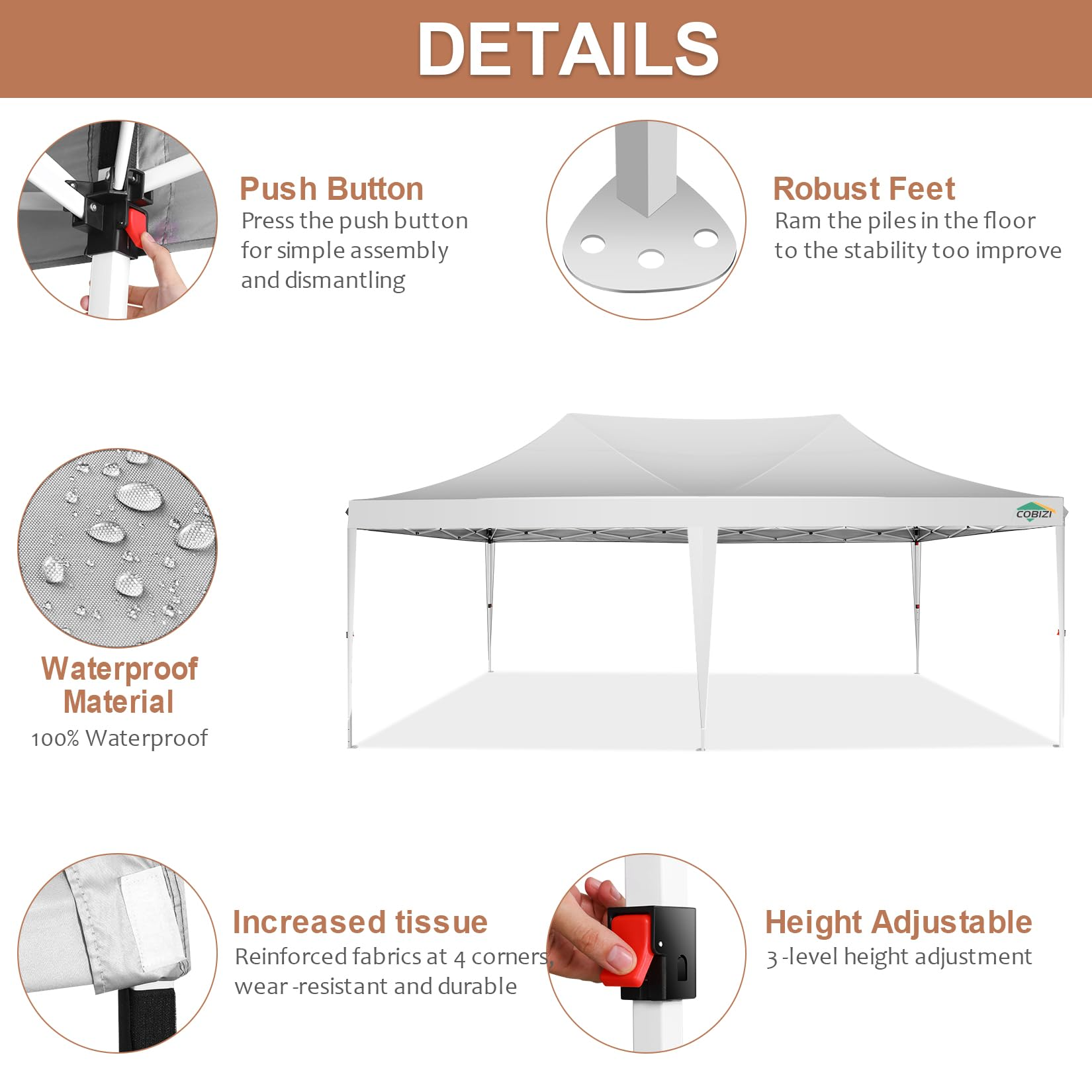 COBIZI 10x20 Pop up Canopy Gazebo, Outdoor Canopy Tent with 6 Removable Sidewalls, Easy up Sun Shade UV Blocking Waterproof Outdoor Tent for Backyard, Parties, Wedding, Birthday, BBQ, White