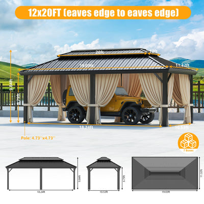 HOTEEL 12' x 20' Hardtop Heavy-Duty Gazebo with Galvanized Steel Double Roof, Hot Tub Gazebo with Fire-Resistant Curtains and Mesh Screen, Aluminum Frame Outdoor Canopy for Patios and Parties
