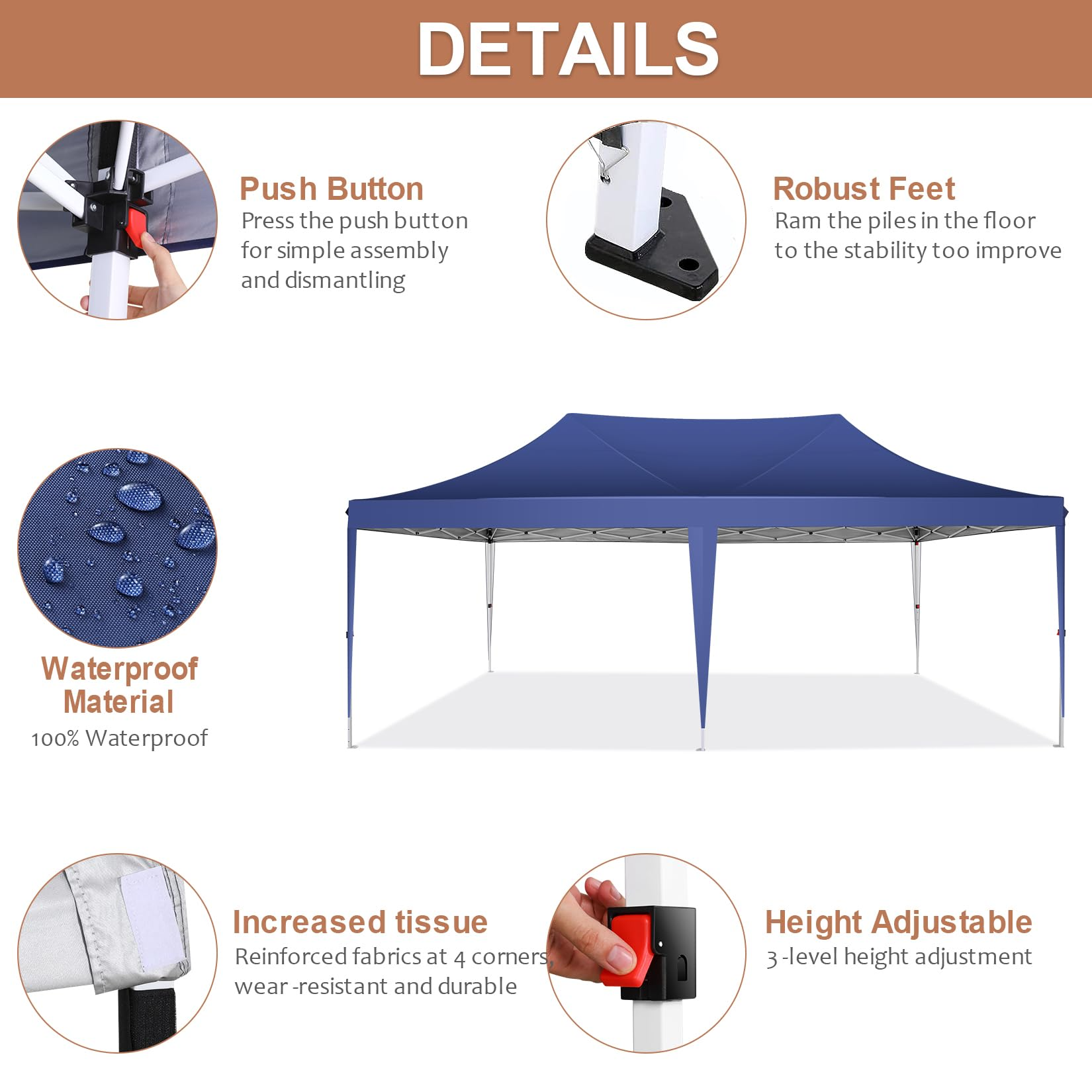 COBIZI 10x20 Canopy Tent with Sidewalls, 3 Adjustable Height Commercial Canopy, Pop Up Party Canopy with 12 Stakes & 6 Ropes,Blue