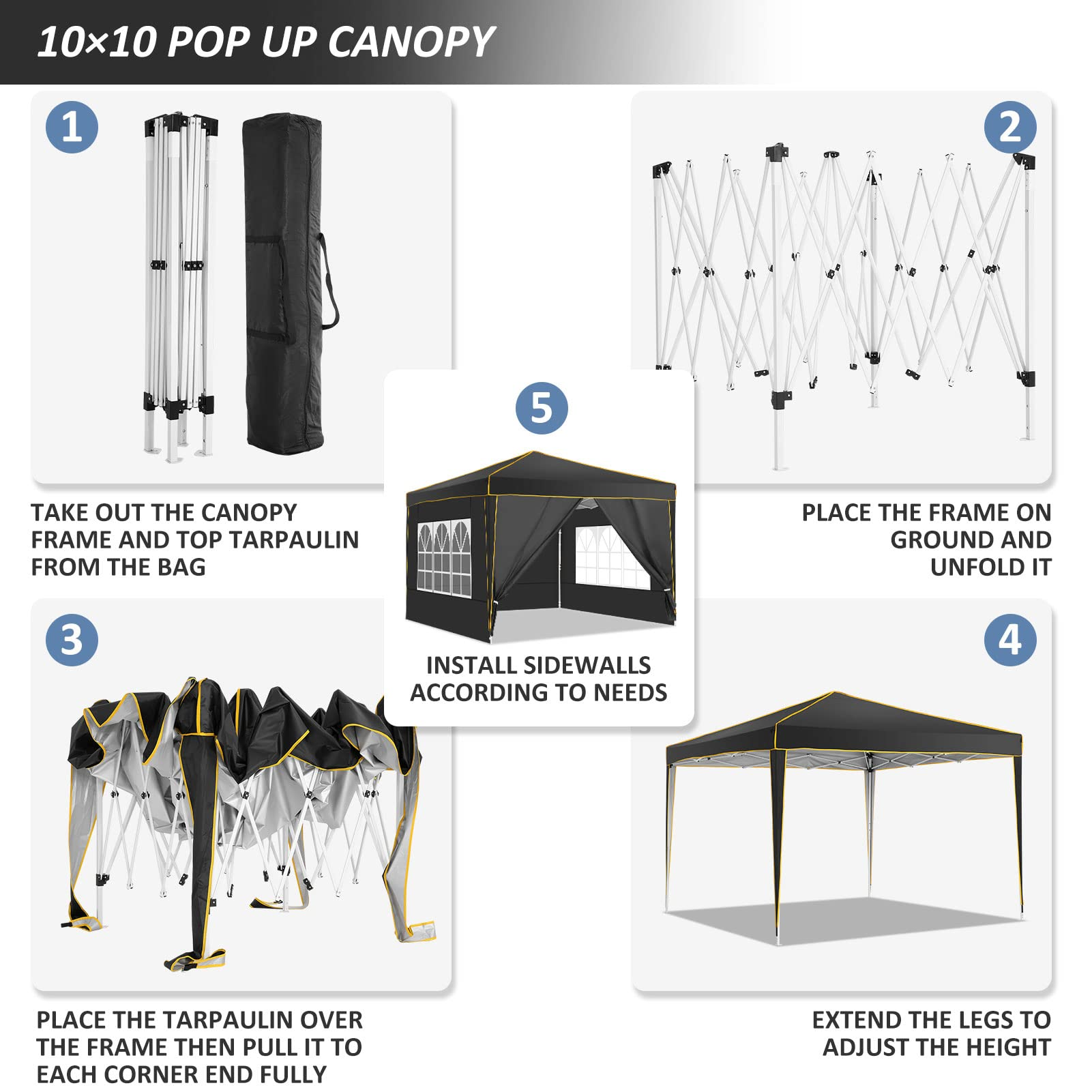 YUEBO 10'x10' Outdoor Pop Up Canopy Tent Commercial Instant Canopies Heavy Duty Shelter with Roller Bag, Bonus 4 Sand Bags, 4 Removable Sidewalls & Carrying Bag for Wedding Picnics Camping (Black)
