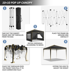 YUEBO 10'x10' Outdoor Pop Up Canopy Tent Commercial Instant Canopies Heavy Duty Shelter with Roller Bag, Bonus 4 Sand Bags, 4 Removable Sidewalls & Carrying Bag for Wedding Picnics Camping (Black)