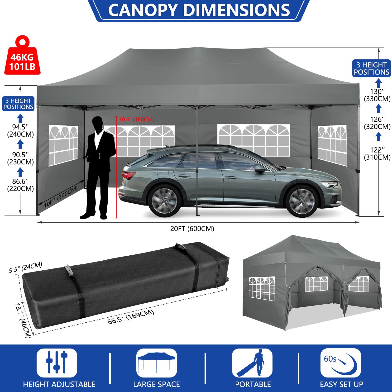 COBIZI 10x20 Pop up Canopy with 6 sidewalls Commercial Heavy Duty Canopy UPF 50+ All Weather Waterproof Outdoor Wedding Party Tents Gazebo with Roller Bag