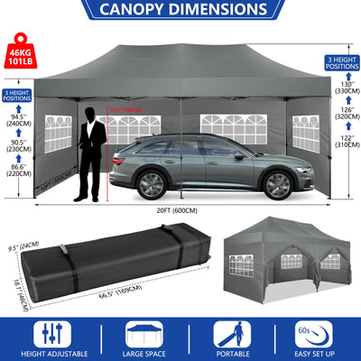 COBIZI 10x20 Pop up Canopy with 6 sidewalls Commercial Heavy Duty Canopy UPF 50+ All Weather Waterproof Outdoor Wedding Party Tents Gazebo with Roller Bag