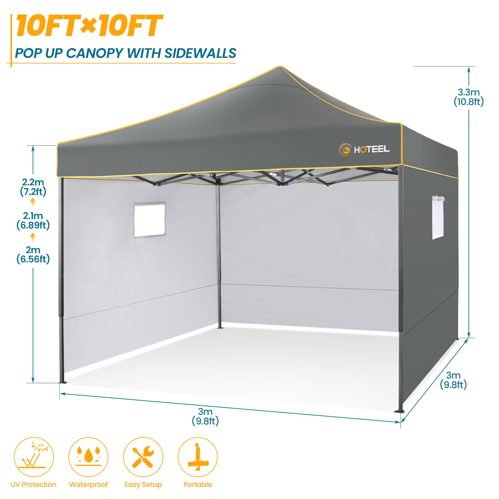 HOTEEL Canopy Tent, 10x10 Pop Up Canopy, Outdoor Tent with Mesh Window, Instant Tents for Party, Camping, Commercial, Waterproof Gazebo with 4 Removable Sidewalls, Carry Bag, Gray