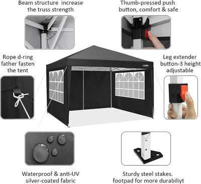 COBIZI 10'x10' Pop up & Protable Canopy Tent with 6 Sidewall & Carry Bag, Black SPC202