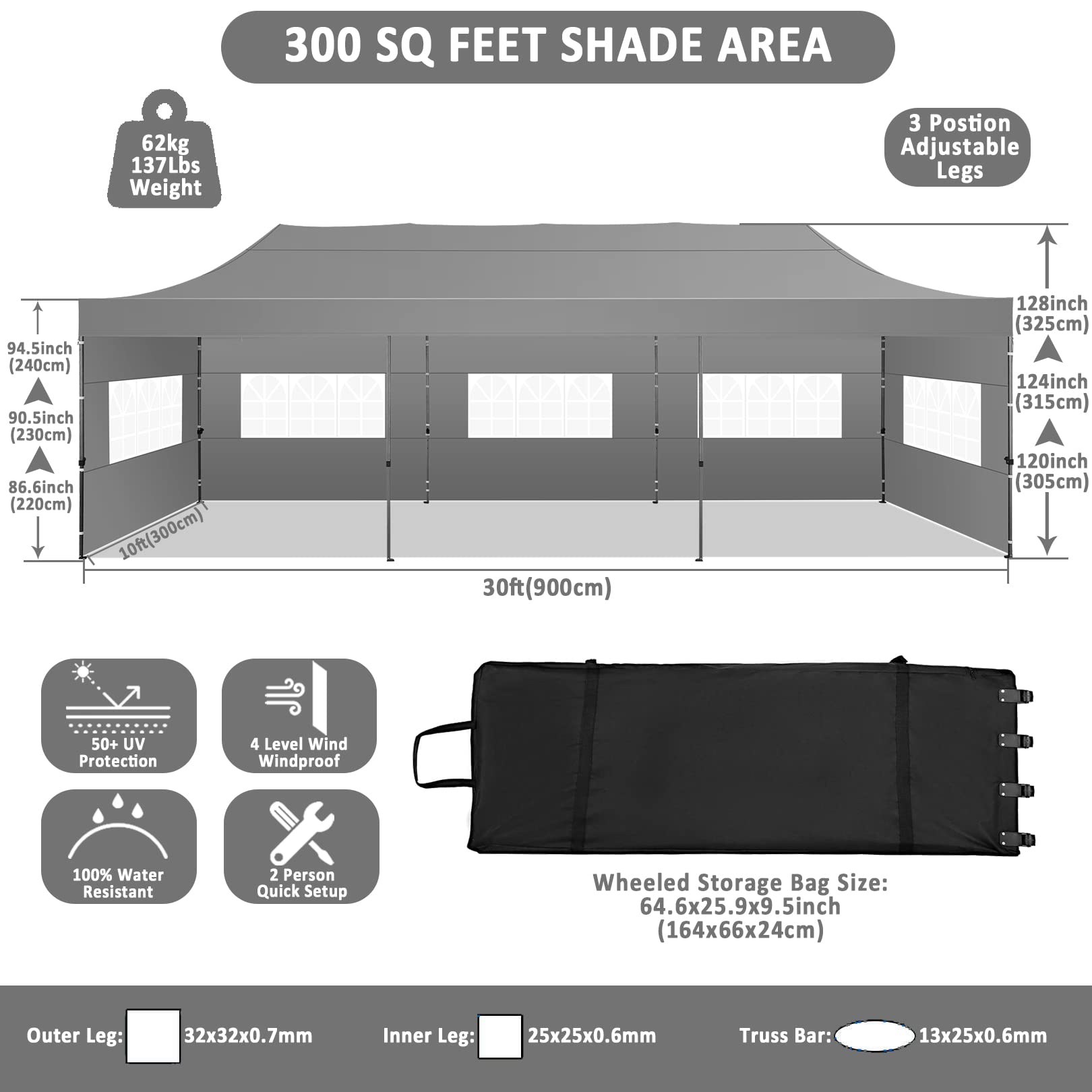 COBIZI 10'x30' Pop Up Canopy with 8 Sidewall, Heavy Duty Canopy UPF 50+ All Season Wind Waterproof Commercial Outdoor Wedding Party Tents