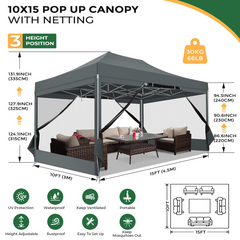COBIZI 10‘x15’ Heavy Duty Canopy Tent, Pop up Gazebo with Netting Screened ,Waterproof Ez up Canopy with Sidewalls, Outdoor Instant Party Tent for Backyard,Gray